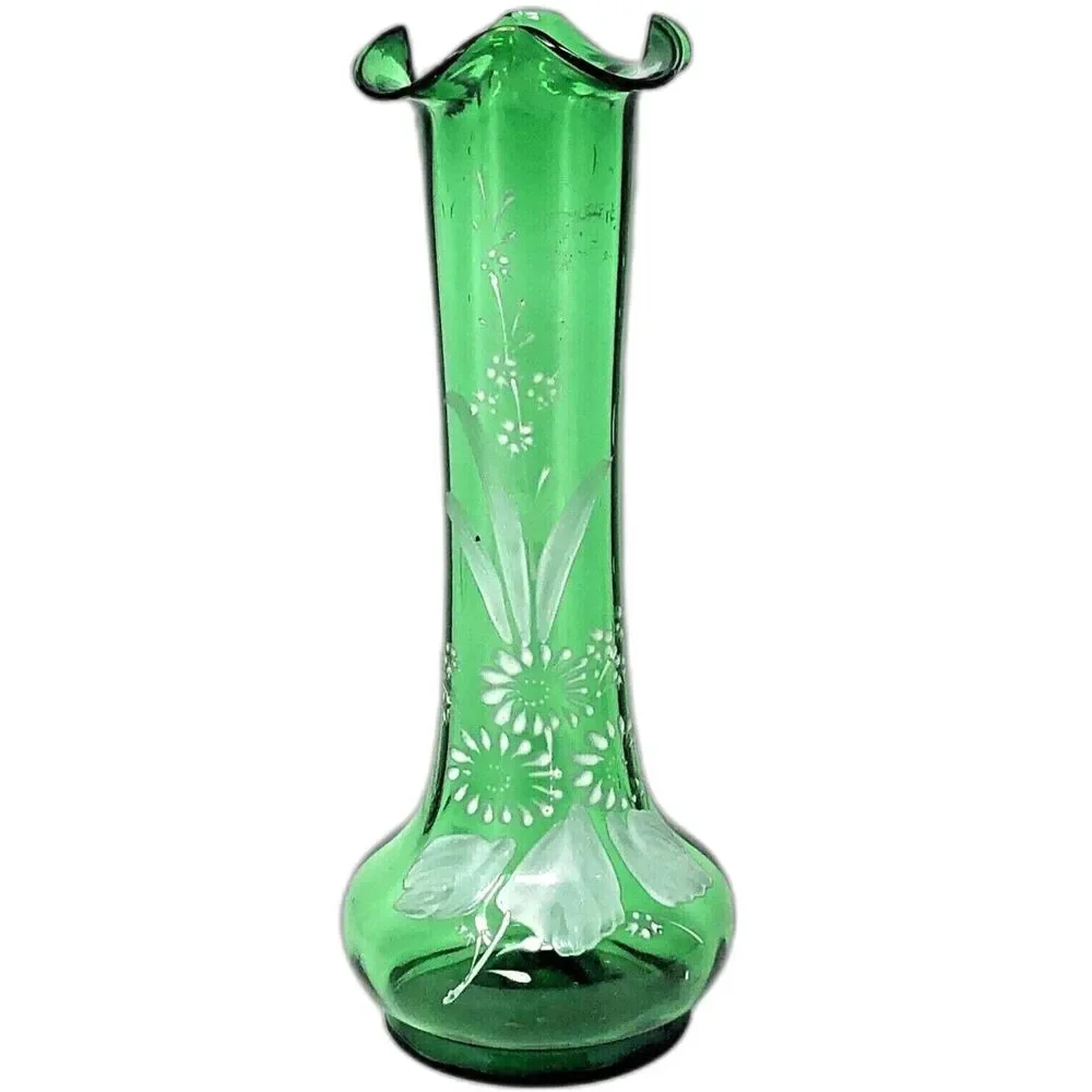 Bohemian Hand Enameled Ruffle Top Vase VTG Hand Blown Paintet Emerald Snow Glass